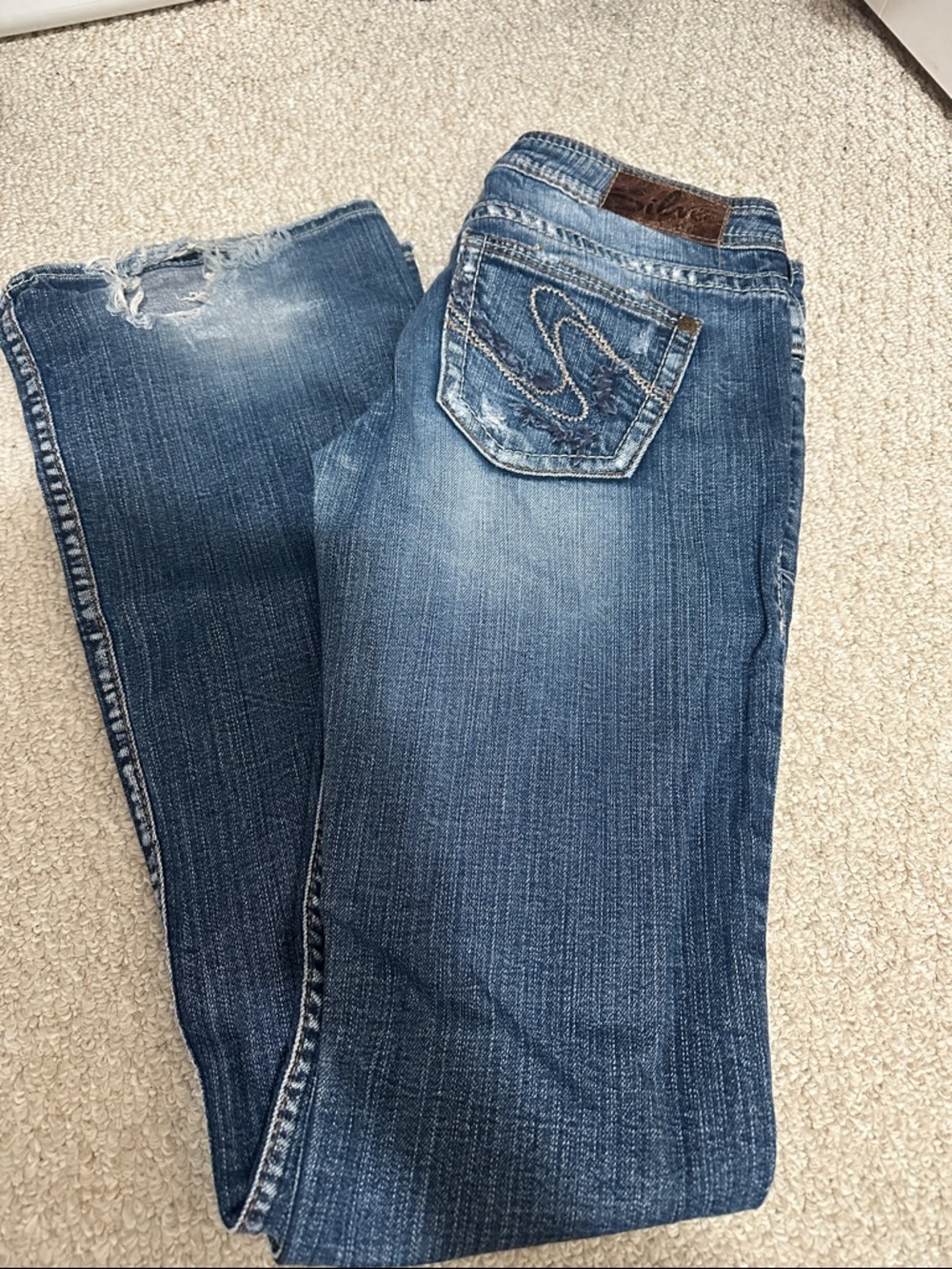 Womens Blue Distressed Straight-Leg Jeans